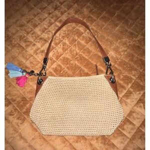 The Sak Woven Shoulder Bag Bohemian Tassel Zipper Accent Bag Charm Purse Nuetral